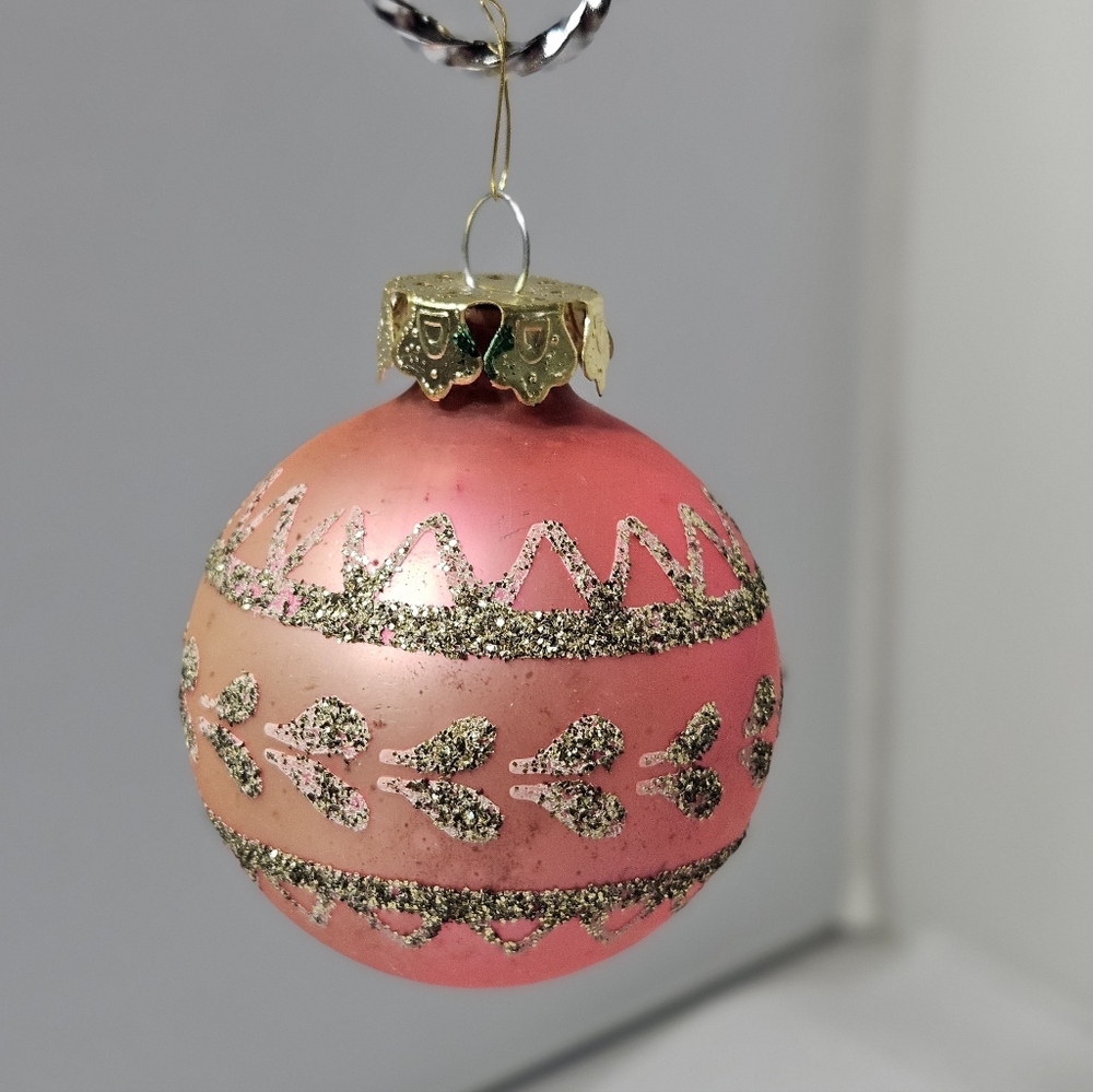 Vintage Pink and Silver Glitter Christmas Holiday Tree Ornament